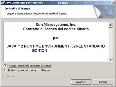 Finestra del contratto di licenza per il software Java 2 1.4.2 JRE