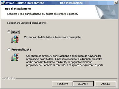 Finestra di dialogo per il tipo di installazione di Java 2 1.4.2 JRE